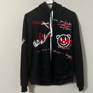 Shein Black Graphic Hoodie With Red & White Accents Smiley Face Writing